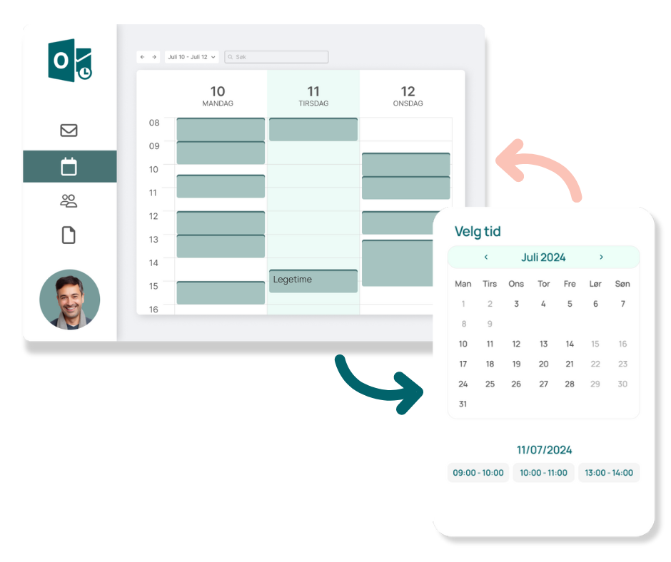 Illustrasjon av hvordan kalenderen synkroniserer seg med bookingkalenderen på nettsiden.